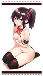 arm_under_breasts bangs basilsis2 black_hair black_legwear bow bowtie braid breasts female highres legs_together medium_breasts nipple_piercing nipples nude open_mouth original piercing ponytail ribbon seiza short_ponytail sitting