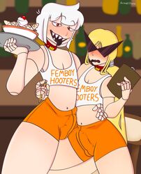 2boys blonde_hair falcon_(spikkedia) femboy_hooters long_hair male_only orange_shorts original_character robot robot_boy short_hair spikkedia viper_(spikkedia) visor white_hair