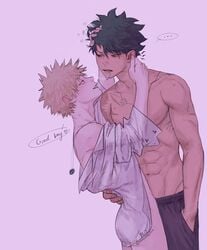 2boys abs blonde_hair cigarette embracing freckles green_eyes green_hair hand_in_hair hand_on_head izuku_midoriya katsuki_bakugou male_focus male_only my_hero_academia no_sex no_visible_genitalia red_eyes scar wengwengchim yaoi