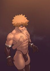 2boys abs blonde blonde_hair bulge cheesecrumbles color disembodied_hand gay gloves groping izuku_midoriya katsuki_bakugou male male_focus male_only mask muscle muscles muscular muscular_male my_hero_academia pec_grab pecs red_eyes solo_focus sweat sweating thong toned toned_male yaoi