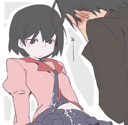 1boy araragi_koyomi arm_support bangs black_eyes black_hair black_jacket black_neckwear black_skirt black_undershirt blush bob_cut bukkake clothed_sex commentary covering_face cum cum_on_body cum_on_clothes cum_on_lower_body cum_on_skirt disappointed embarrassed empty_eyes expressionless facing_another female full-face_blush grey_background hair_between_eyes hammer_(sunset_beach) jacket looking_down monogatari_(series) necktie oshino_ougi owarimonogatari parted_lips pink_shirt pleated_skirt premature_ejaculation puffy_sleeves raised_eyebrows school_uniform sex_in_skirt shirt short_hair sitting skirt translated turtleneck upper_body white_background