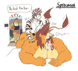 3boys age_difference ahe_gao anal anthro bodily_fluids caught cum cum_in_mouth cum_inside cum_on_face duo english_text equid equine father father_and_child father_and_son felid gay genital_fluids genitals group hi_res lion looking_pleasured male male/male male_only mammal muscular nude pantherine parent parent_and_child penis size_difference small_dom_big_sub small_on_top son spedumon submissive_male text white_background yaoi zebra