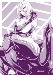 arachne areolae arm_under_breasts breast_hold breasts bug_joints carapace claws collarbone crossed_arms eyelashes female hair_between_eyes highres kouda_tomohiro large_breasts lips looking_at_viewer monochrome monster_girl monster_musume_no_iru_nichijou multi_eye navel nude one_eye_closed purple_theme rachnera_arachnera short_hair smile solo spider_girl spider_web_background twitter_username