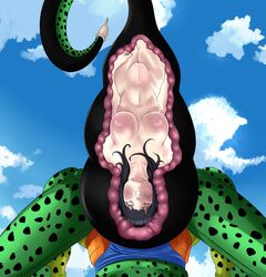 absorption absorption_vore black_hair cell_(dragon_ball) crossover dragon_ball dragon_ball_z godvore hyuuga_hinata imperfect_cell monster naruto naruto_(series) naruto_shippuden nude nude_female scared squished_breasts tail_vore vore white_eyes x-ray