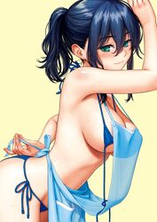 1girls apron areola_slip areolae arm_behind_back arm_up armpits big_breasts bikini blue_bikini blue_hair blush body_blush breasts cleavage closed_mouth comic_kairakuten cover cover_page cowboy_shot eyebrows_visible_through_hair female female_only from_side green_eyes hair_between_eyes highres homunculus_(artist) large_breasts leaning_forward long_hair looking_at_viewer magazine_cover medium_hair micro_bikini milf mother nipples_visible_through_clothing original ponytail see-through_silhouette shaved_armpit shiny shiny_skin side-tie_bikini sidelocks simple_background smile solo strap_gap sweat swimsuit untied untied_bikini untying yellow_background