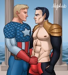 2boys avengers big_penis captain_america costume gay male male_only marvel marvel_comics masturbation mephisto mephisto(artist) muscles namor penis spandex steve_rogers superhero tights yaoi