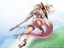 amazon anthro armor bandage battle_franky blonde_hair breasts brown_body claws clothed clothing detailed_background dragon fan_character fangs female female_only hair holding holding_weapon horn horns multicolored_body open_mouth open_smile partially_clothed pose shield smile solo spear tail two_tone_body weapon white_body yellow_eyes