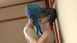 2girls 3d ava_(borderlands) black_hair blue_hair blue_lipstick blush borderlands borderlands_3 closed_eyes earrings embrace female female_only glowing_tattoo kissing lipstick maya_(borderlands) short_hair yuri zynotheum