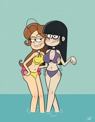 2girls aged_up bangs big_breasts bikini biting_lip black_hair blunt_bangs blush breast_grab breasts brown_hair female female_only frown groping half-closed_eyes human luan_loud maggie maggie_(the_loud_house) midriff multiple_girls older pepemay93 smile straight_hair swimwear the_loud_house thighs water yuri