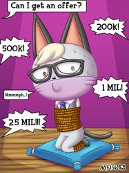 1boy 2020 animal_crossing anthro auction bondage business_suit cat_ears english_text feline furry gag gagged glasses heterochromia male male_only mangafox156 nintendo raymond_(animal_crossing) restrained rope speech_bubble sweat tied_up