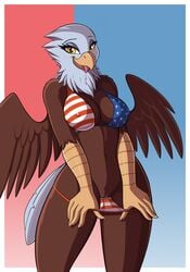 2018 absurd_res accipitrid accipitriform american_flag american_flag_bikini anthro avian bald_eagle beak big_breasts bikini bikini_down bikini_pull bird bodily_fluids breasts brown_body brown_feathers clothed clothing dialogue digital_media_(artwork) drako1997 eagle english_text eyelashes feathered_wings feathers female flashing genital_fluids genitals healthcare_eagle hi_res looking_at_viewer navel nipple_outline non-mammal_breasts panties panty_pull partially_clothed presenting presenting_pussy pussy pussy_juice scuted_arms sea_eagle simple_background smile solo swimwear text tongue tongue_out underwear vulva wet wet_clothing wet_panties wet_underwear white_body white_feathers wings yellow_beak yellow_eyes