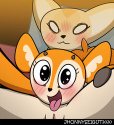 69_position :3 aggressive_retsuko anthro canid canine cervid cervine cunnilingus duo embarrassed female female/female female_only fennec fenneko fox genitals hi_res jhonnyseitgut looking_at_viewer mammal oral pussy sanrio selfie sex smooth_fur tsunoda vaginal_penetration yuri