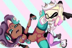 2girls animated bard-bot blush bouncing_breasts colored dark-skinned_female dark_skin dildo drooling heart-shaped_pupils inkling jontxu kneeling licking marina_(splatoon) multiple_girls nintendo octoling on_side open_mouth pearl_(splatoon) splatoon splatoon_2 spread_legs spreading stomach_bulge strap-on thighhighs vaginal_penetration yuri