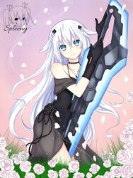 1girls absurdres bare_shoulders black_dress black_heart blue_eyes cowgirl_position dress female flower grass highres long_hair looking_at_viewer neptunia_(series) noire pink_flower pink_rose rose signature sitting smile solo sparkle spleeny sword symbol symbol-shaped_pupils weapon white_flower white_hair white_rose