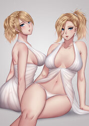 2girls blonde_hair blue_eyes crossover final_fantasy final_fantasy_xv gantsuki huge_breasts lunafreya_nox_fleuret mercy multiple_girls overwatch virgin_killer_sweater