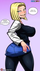 1girls 27lsd android_18 big_breasts blonde_hair blue_eyes blue_nails blush breasts cameltoe cleavage clothing curvy dialogue dragon_ball erect_nipples looking_back nipples nipples_visible_through_clothing open_mouth short_hair shounen_jump speech_bubble text thick_lips voluptuous white_skin