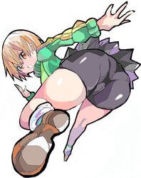 ass bangs bike_shorts enpe eyebrows_visible_through_hair female green_jacket grey_skirt hair_between_eyes highres jacket long_sleeves looking_at_viewer miniskirt open_mouth orange_eyes orange_footwear orange_hair pantylines persona persona_4 satonaka_chie school_uniform shoes short_hair shorts shorts_under_skirt simple_background skirt socks solo thighs track_jacket v-shaped_eyebrows white_background white_legwear yasogami_school_uniform