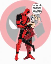 1boy 1girls batman_(series) blonde_hair blue_eyes breast_grab choker cleavage clothed crossover dc dc_comics deadpool dyed_hair eyeshadow female half-closed_eyes harley_quinn hetero lipstick male marvel penis_grab seductive_look smile speech_bubble straight terryalec text twintails wade_wilson