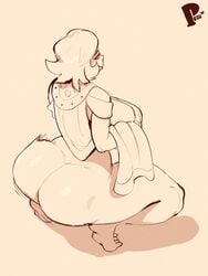 ass ass_shake barefoot big_ass big_breasts goddess looking_back milf motion_lines naked_tabard original_character peculiart short_hair sideboob sketch squatting tabard tabard_lift tiptoes twerking