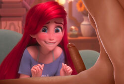 1girls 3d anxious ariel artist_request begging biting_lip blowjob blue_eyes blush clothing crossover cute disney disney_princess eyelashes faceless_male oral penis ralph_breaks_the_internet red_hair red_lipstick the_little_mermaid wreck-it_ralph