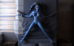 1girls 3d aayla_secura alien alien_girl artist_name background bald bare_shoulders barefoot bed bedroom big_breasts blanket blue_body blue_skin breasts busty cleavage clone_wars completely_nude completely_nude_female curvy dark_room day detailed_background erect_nipple erect_nipples eyelashes feet female female_only freckles from_above front_view full_body gun headgear headgear_only holding_gun holding_object holding_weapon hourglass_figure humanoid indoor indoors inside jedi jedi_master kondaspeter lekku_(anatomy) lipstick looking_at_viewer lying lying_on_back mammal medium_breasts naked naked_female navel nipples nude nude_female on_back on_bed pillow pistol pose purple_lips purple_lipstick pussy revolver room shadow shaved_pussy shiny shiny_skin signature solo solo_female spread_arms spread_legs spreading star_wars sunlight tentacle tentacle_hair thin_waist twi'lek vagina voluptuous weapon wide_hips wraps yellow_eyes