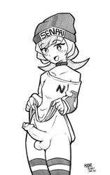 1boy 2020 androgynous balls black_and_white blush bottomless dated erection femboy kenbr_arts komi-san_wa_komyushou_desu long_hair male male_only osana_najimi shirt shirt_lift sketch solo solo_male stockings text trap watermark