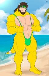 2022 abs absurd_res anthro bara beach big_muscles bikini bowser bulge claws clothing cloud day eye_patch eyebrows eyewear fan_character feet gay hair hi_res horn humanoid_feet humanoid_hands koopa looking_at_viewer male male_focus male_only mankini mario_(series) muscular muscular_anthro muscular_male nintendo nipples non-mammal_nipples outside palm_tree pecs plant plantigrade ponytail sand scalie scar seaside sky sling_bikini smile solo standing swimwear tail_wraps toe_claws tree video_games water wraps zourik