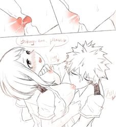 black_and_white blush breast_sucking breasts clothed comic grchloex katsuki_bakugou my_hero_academia nipple_tweak nipples ochako_uraraka pleasure_face tears