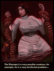 a_new_hope alien belt breasts brown_eyes brown_hair clothed dianoga english_text female hair_bun princess_leia_organa robe smashmasterson standing_in_water star_wars tentacle tentacle_grab tentacle_monster text vagina water