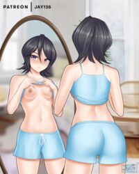 1girls ass back_view black_hair bleach blush breasts breasts_out clothing female female_only jay156 kuchiki_rukia looking_at_mirror mirror nipples pajamas purple_eyes small_breasts top_lift