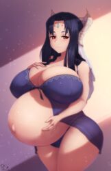 1girls big_breasts breasts cleavage coffeeslice female female_only huge_belly kyonyuu_fantasy large_breasts looking_at_viewer pregnant ready_to_pop rokusaanu_do_dejiiru solo