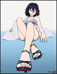 1girls adult_swim anklet areolae bare_arms bare_legs bare_shoulders bed black_hair blue_eyes blue_striped_bra blush blushing bra calves crossed_legs cute feet female female_only foot_fetish kill_la_kill looking_at_viewer matoi_ryuuko multicolored_hair on_bed on_pillow open_toe_shoes panties pillow pinup presenting_feet relaxing sandals sitting smile smirk smug streaked_hair suga_atsushi thighhighs toes toonami underwear voluptuous