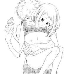 breasts grchloex hand_holding holding katsuki_bakugou my_hero_academia ochako_uraraka shirt_up