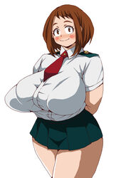 1girls alternate_breast_size alternate_outfit arms_behind_back big_ass big_breasts bra embarrassed eye_contact female_only huge_ass huge_breasts inacap10 looking_at_viewer miniskirt my_hero_academia ochako_uraraka plump school_uniform skirt slightly_chubby solo thick thick_thighs tight_clothes tight_clothing tight_shirt u.a._school_uniform uniform venus_body wide_hips