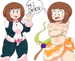 ! 1girls big_breasts bikini_top bikini_top_removed breasts brown_eyes brown_hair female female_only hero_outfit_(mha) lr_mano my_hero_academia ochako_uraraka solo solo_female solo_focus speech_bubble wardrobe_malfunction white_background