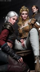 1boy 2girls 3d anna_henrietta blonde_hair cd_projekt_red ciri clothed cousins crown daughter emhyr_var_emreis family father father_and_daughter female fingerless_gloves highres looking_down male perspective presenting_pussy pussy royalty the_witcher the_witcher_(series) the_witcher_3:_wild_hunt white_hair zer0g0d