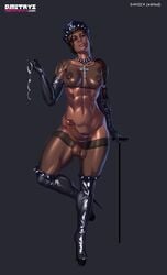 1futa abs big_nose boots charcoal_background collar danica_(dmitrys) dark-skinned_futanari dmitrys dominatrix futa_only futanari gloves handcuffs muscular_female piercings six_pack solo solo_futa spikes thick_lips