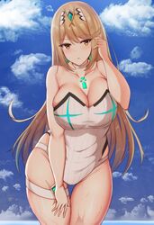 1girls adjusting_hair bangs blue_sky blush breasts choker cleavage cloud collarbone cowboy_shot day female female_focus highres hikari_(xenoblade_2) large_breasts light_brown_eyes light_brown_hair long_hair looking_at_viewer matching_hair/eyes mythra nintendo noeomi one-piece_swimsuit outdoors skindentation sky solo swept_bangs swimsuit thick_thighs thigh_gap thigh_strap thighs tiara white_swimsuit xenoblade_(series) xenoblade_chronicles_2