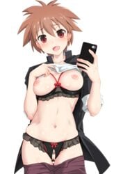 bra breasts brown_hair cellphone crotchless crotchless_panties cupless_bra eguchi_sera female looking_at_viewer navel nipples open_mouth panties phone pubic_hair pussy red_eyes saki school_uniform seushiki_(ponti-ron) shirt_lift short_hair smile solo uncensored underwear