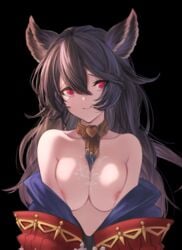 absurdres bangs betabeet black_background black_hair breasts closed_mouth collarbone cum cum_on_body cum_on_breasts cum_on_upper_body erune female granblue_fantasy hair_between_eyes highres jacket jewelry large_breasts long_hair long_sleeves looking_at_viewer neck_ring nier_(granblue_fantasy) nipples off_shoulder open_clothes open_jacket red_eyes simple_background