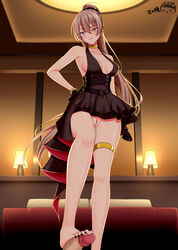 1boy 1girls azur_lane bangs bare_legs bare_shoulders bed bedroom black_gloves black_nails black_toenails blonde_hair blush breasts censored cleavage closed_mouth cocktail_dress commentary_request commission dress erection evening_gown female femdom footjob gloves gold_bracelet gold_choker hair_between_eyes halter_dress hand_on_hip high_ponytail highres indoors jean_bart_(azur_lane) jean_bart_(uninhibited_bloodstone)_(azur_lane) lampshade large_breasts light-skinned_female light-skinned_male light_skin long_hair lying male mosaic_censoring no_panties on_back out_of_frame penis pillow ppshex pussy red_eyes sidelocks skirt standing standing_footjob stepped_on straight thighlet toenail_polish upskirt very_long_hair vichya_dominion_(azur_lane)