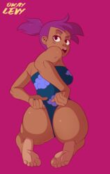 1girls ass big_ass big_butt butt cartoon_network dark-skinned_female dark_skin dat_ass enid fat_ass feet female female_focus female_only looking_at_another ok_k.o.!_let's_be_heroes okaylevy ponytail purple_background purple_hair pussy_peek solid_color_background swimsuit