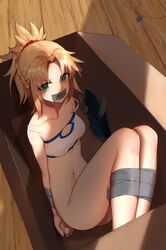 arms_behind_back ass bandeau bangs bare_shoulders blonde_hair blush bondage bottomless bound_legs box braid breasts clavicle denim denim_shorts dingding_tu eyebrows_visible_through_hair fate/apocrypha fate/grand_order fate_(series) female french_braid gag gagged green_eyes hair_ornament hair_scrunchie high_resolution improvised_gag in_box in_container jewelry jewelry_removed large_filesize long_hair looking_at_viewer medium_breasts mordred_(fate) navel necklace necklace_removed parted_bangs ponytail red_hair_ornament red_scrunchie restrained scrunchie shadow short_ponytail short_shorts shorts shorts_removed solo spaghetti_strap stomach strap_slip tape tape_bondage tape_gag taped_arms taped_legs taped_mouth thighs tied_hair very_high_resolution wooden_floor