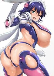 ass_cleavage big_ass bikini_armor blinking blue_hair butt_crack dat_ass female green_eyes huge_ass huge_breasts iroha nonoririn samurai_shodown short_hair sideboob smiling sweat thong wench