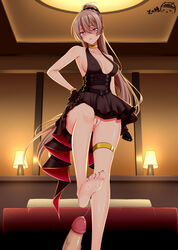 1boy 1girls azur_lane bangs bare_legs bare_shoulders bed bedroom black_gloves black_nails black_toenails blonde_female blonde_hair blush breasts censored cleavage closed_mouth cocktail_dress commentary_request commission cum cum_on_body cum_on_lower_body dress erection evening_gown female femdom footjob gloves gold_bracelet gold_choker hair_between_eyes halter_dress hand_on_hip high_ponytail highres indoors jean_bart_(azur_lane) jean_bart_(uninhibited_bloodstone)_(azur_lane) lampshade large_breasts long_hair lying male mosaic_censoring no_panties on_back out_of_frame penis pillow ppshex pussy red_eyes sidelocks skirt standing standing_footjob stepped_on straight thighlet toenail_polish upskirt very_long_hair vichya_dominion_(azur_lane)