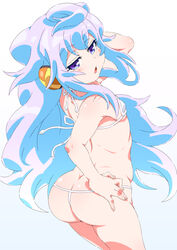 1boy bikini blue_hair enamiru femboy flat_chest girly hacka_doll hacka_doll_3 looking_at_viewer looking_back male male_only purple_eyes solo trap white_background