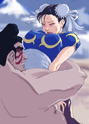 bearhug blush breasts chubby_male chun-li cling closed_eyes clothed edmond_honda erect_nipples erect_nipples_under_clothes fat_man fight large_breasts large_male medium_breasts open_mouth pantyhose ryona squeezing street_fighter sumo sweat tianjin torn_clothes torn_clothing uncomfortable video_games wrestling wrestlingryona