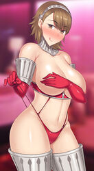 1girls armor atlus battle_panties big_breasts bikini blush breasts brown_eyes brown_hair covering_breasts curvy darabuchi female female_only high-cut_armor huge_breasts large_breasts licking_lips megami_tensei nipple nude persona persona_3 seductive shiny_skin short_hair solo solo_focus sweat thick_thighs thighhighs yukari_takeba