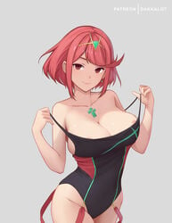 1girls areola_slip areolae bangs bare_hips bare_shoulders black_swimsuit blush breasts cleavage closed_mouth collarbone competition_swimsuit cowboy_shot dakkalot earrings female female_only gem groin jewelry large_breasts looking_at_viewer nintendo one-piece_swimsuit pulled_by_self pyra pyra_(pro_swimmer)_(xenoblade) red_eyes red_hair short_hair smile solo strap_pull swept_bangs swimsuit tiara xenoblade_(series) xenoblade_chronicles_2