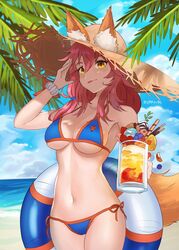 1girls beach bikini bracelet breasts drink fate/extra_ccc fate_(series) female female_only fox_ears fox_tail holding_object kitsune light-skinned_female light_skin long_hair palm_tree pink_hair raft solo solo_female spiffydc sun_hat tamamo_no_mae_(fate) yellow_eyes